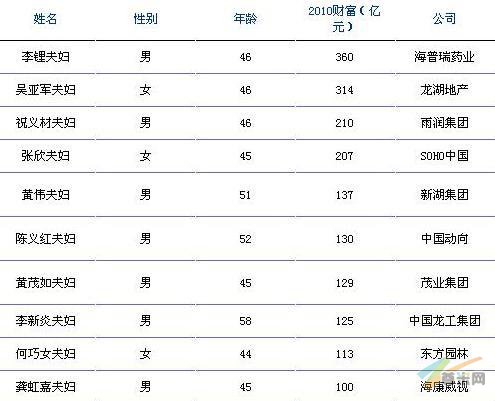 2010年福布斯中国富豪榜夫妻档