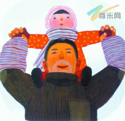 骑在爸爸的肩膀上，毛毛终于看见舞龙灯了。