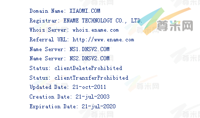 域名xiaomi.com的whois信息