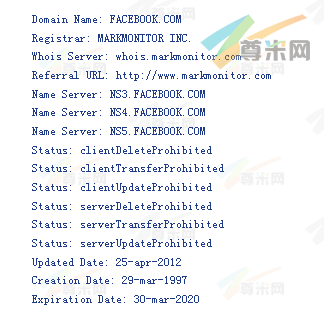 域名facebook.com的whois信息