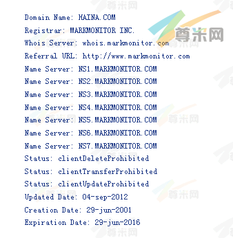 域名haina.com的whois信息