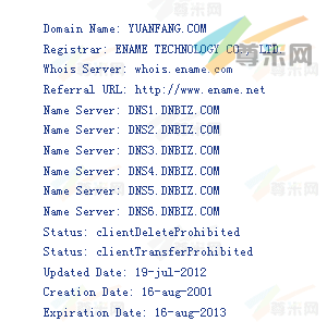 域名yuanfang.com的whois信息