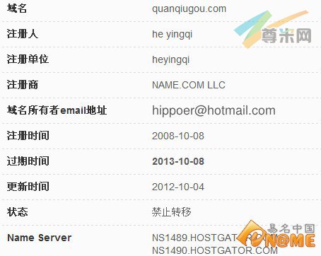 域名quanqiugou.com的whois截图