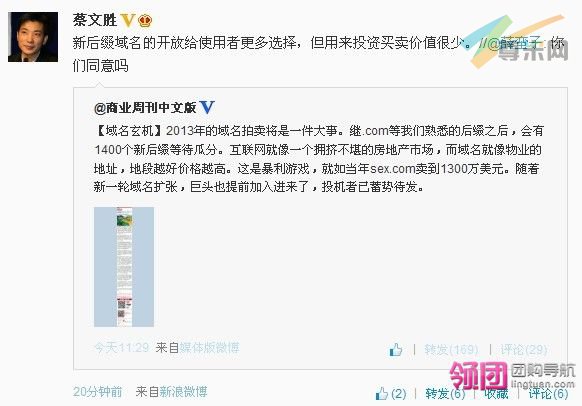 蔡文胜：新后缀域名的开放给使用者更多选择，但用来投资买卖价值很少。