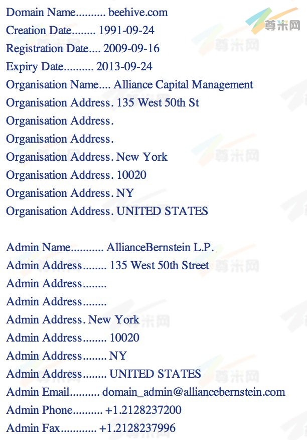 域名Beehive.com的Whois截图（尊米网配图）